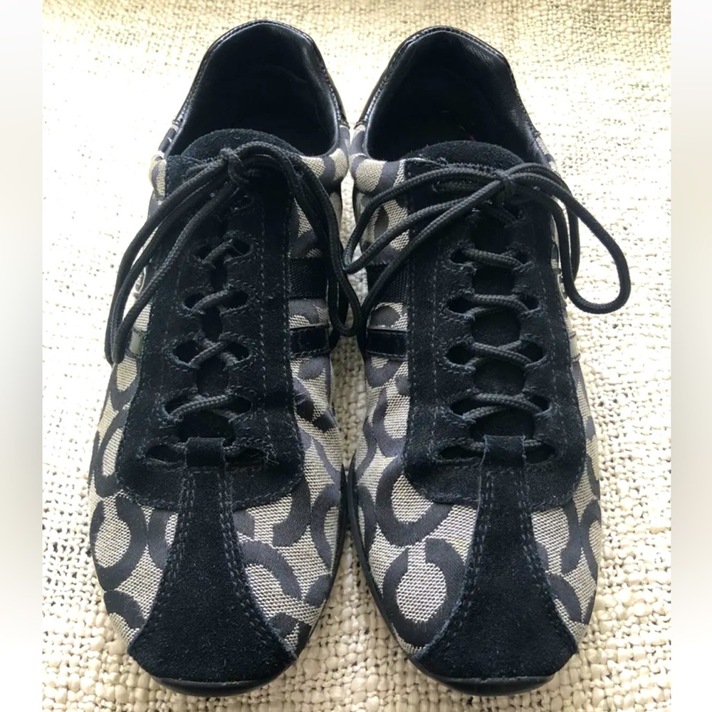 Coach “Kathleen” Sneakers Signature “C” Design, Black Suede, Patent Leather 9M